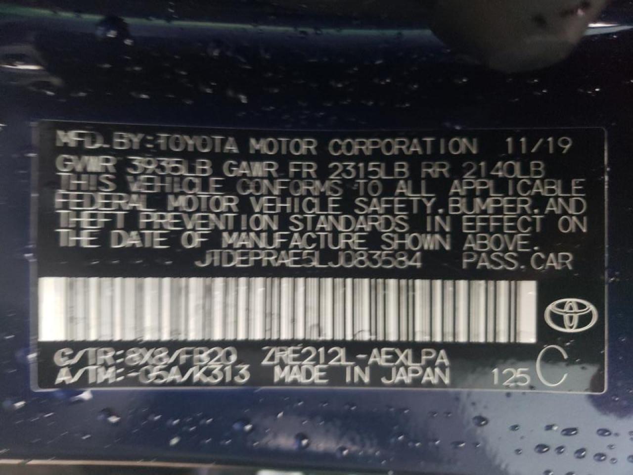 Photo 10 from auction – 2020 TOYOTA COROLLA LE with VIN JTDEPRAE5LJ083584