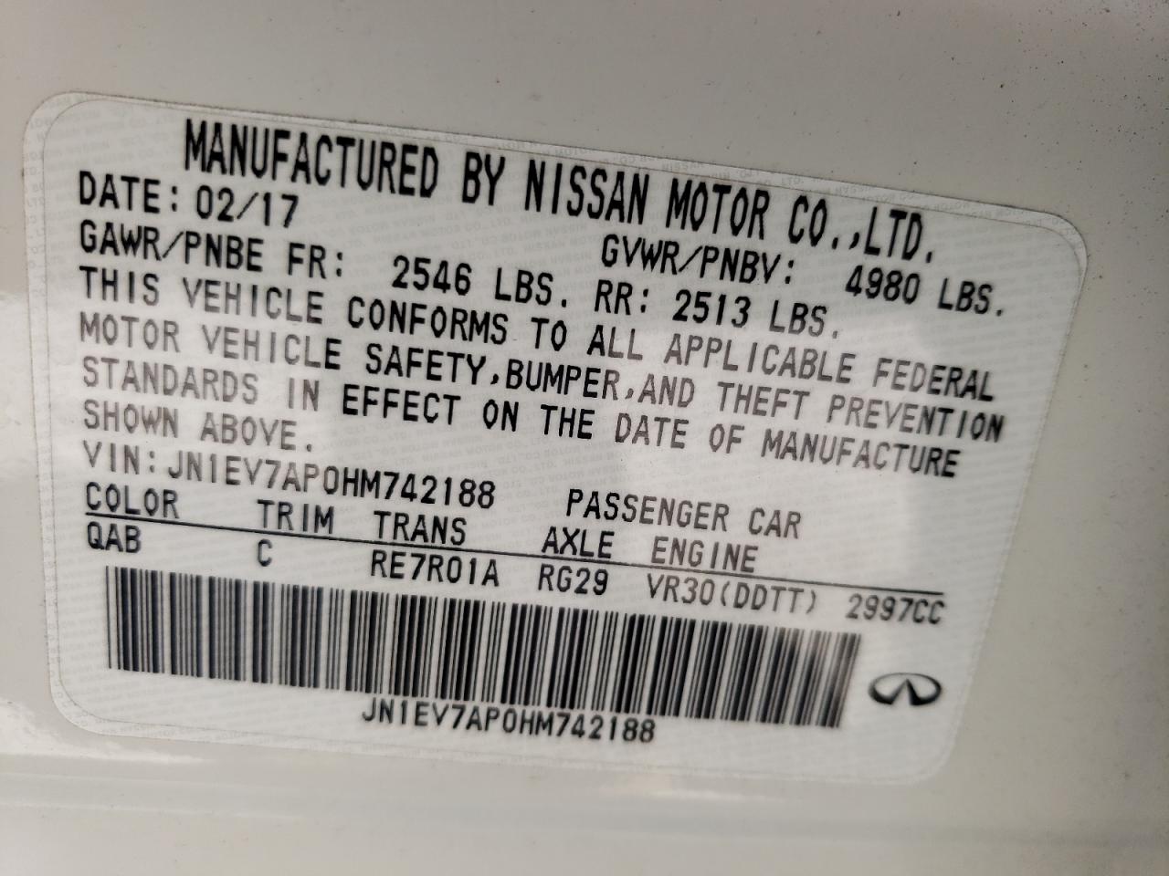 Photo 10 from auction – 2017 INFINITI Q50 PREMIU with VIN JN1EV7AP0HM742188