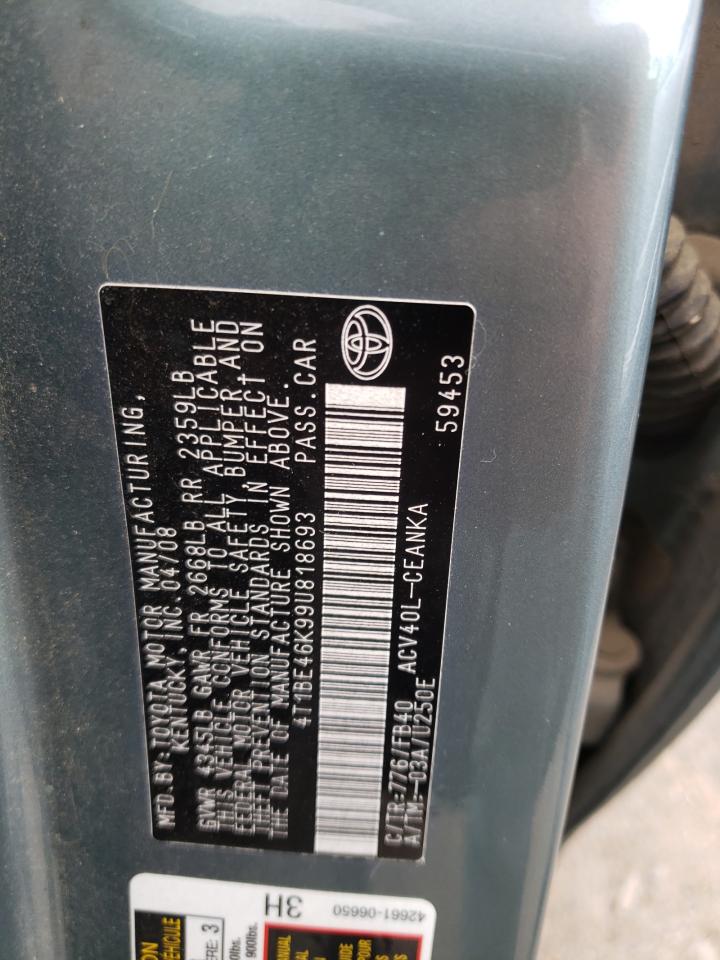 Photo 10 from auction – 2009 TOYOTA CAMRY BASE with VIN 4T1BE46K99U818693