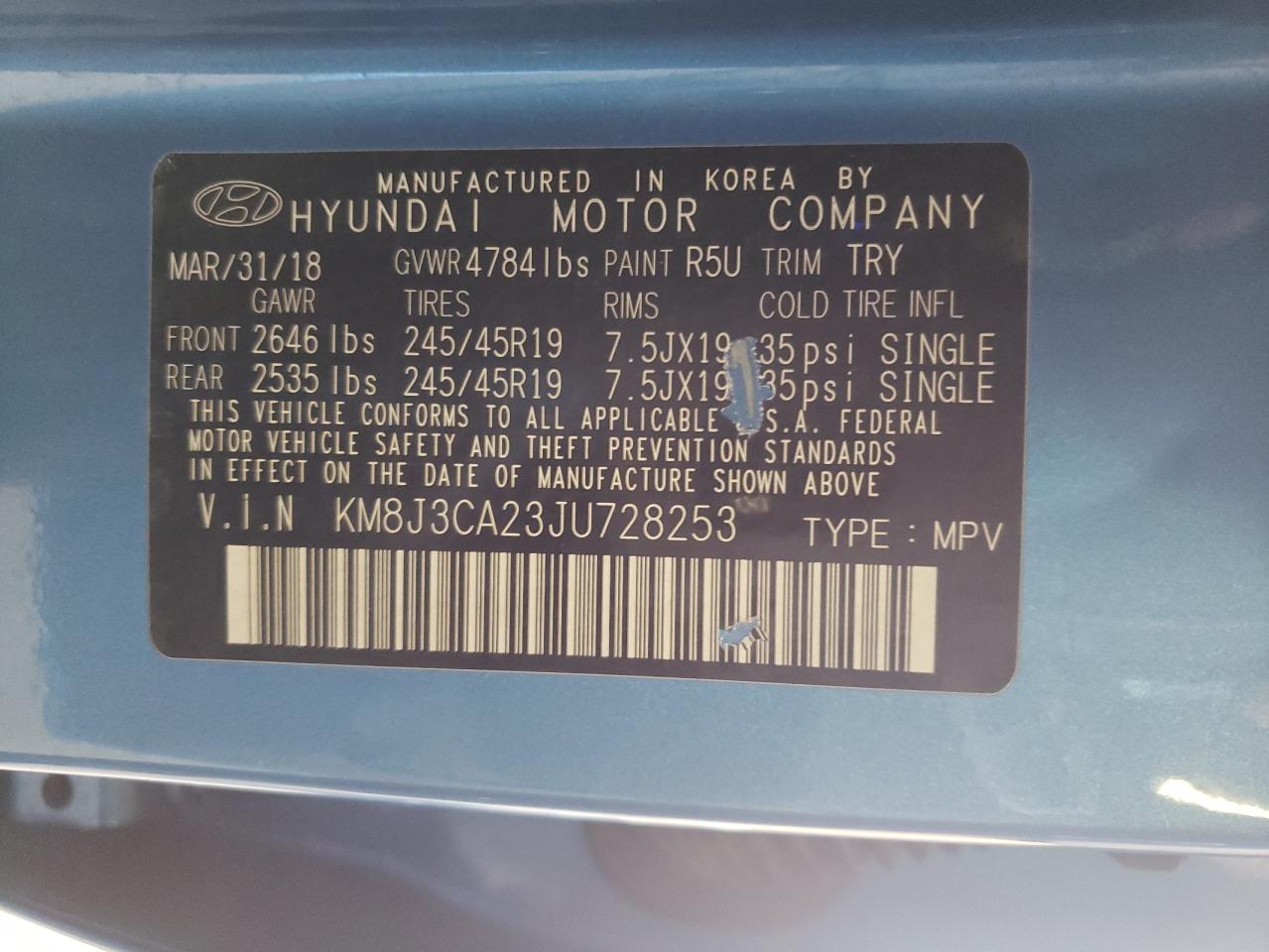 Photo 10 from auction – 2018 HYUNDAI TUCSON VAL with VIN KM8J3CA23JU728253