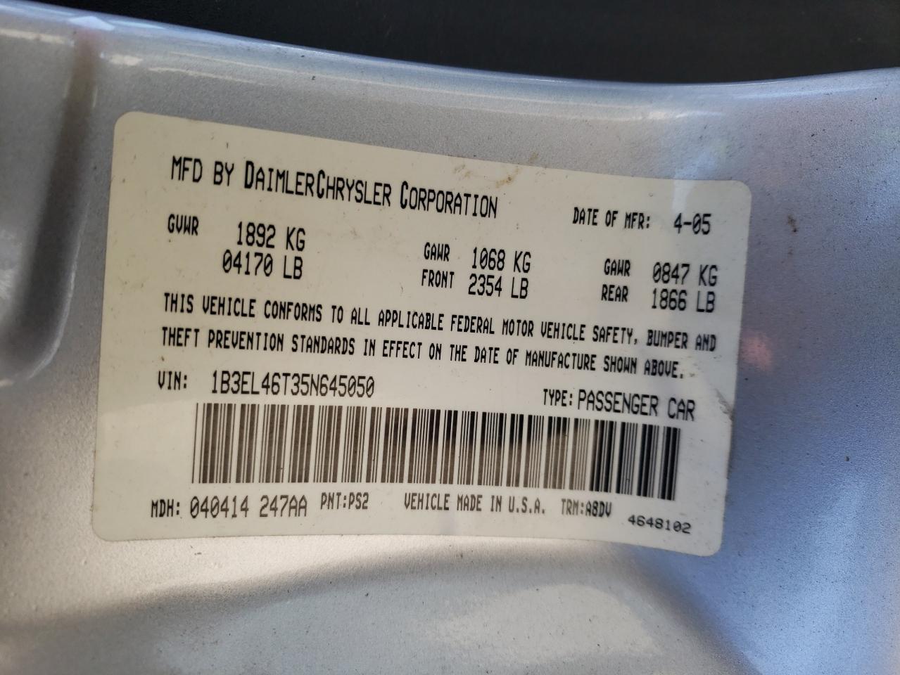 Photo 10 from auction – 2005 DODGE STRATUS with VIN 1B3EL46T35N645050