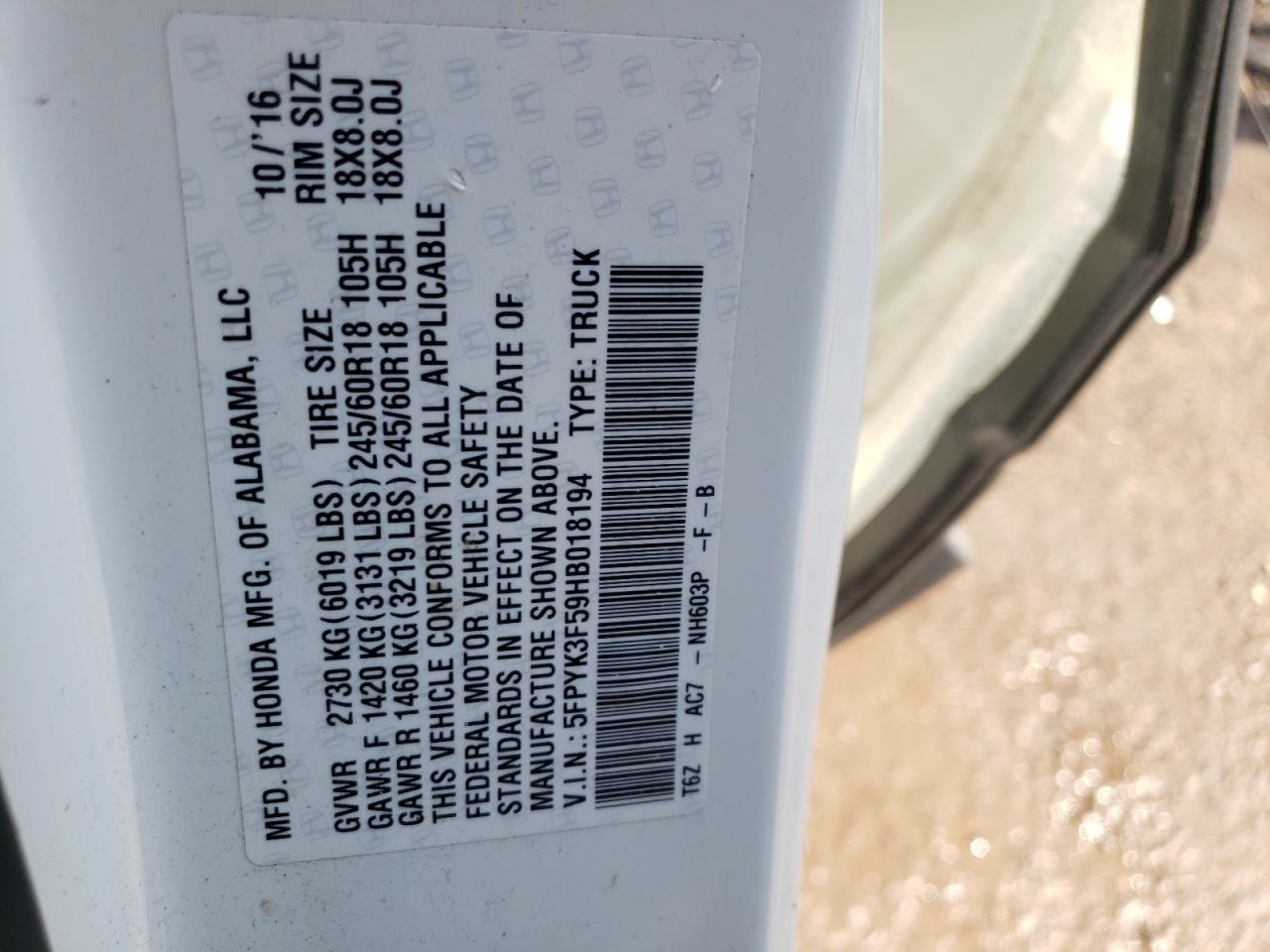 Photo 10 from auction – 2017 HONDA RIDGELINE with VIN 5FPYK3F59HB018194