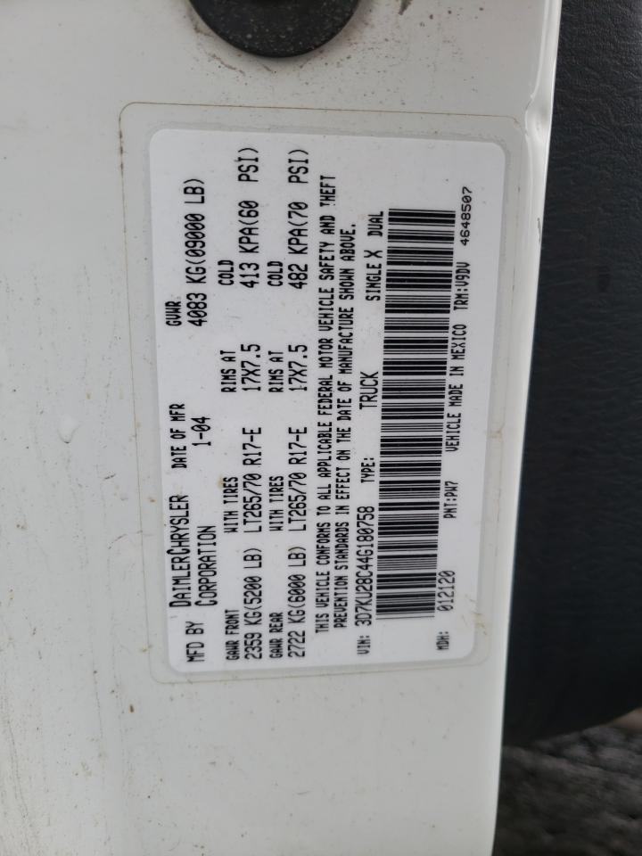 Photo 10 from auction – 2004 DODGE RAM 2500 S with VIN 3D7KU28C44G180758