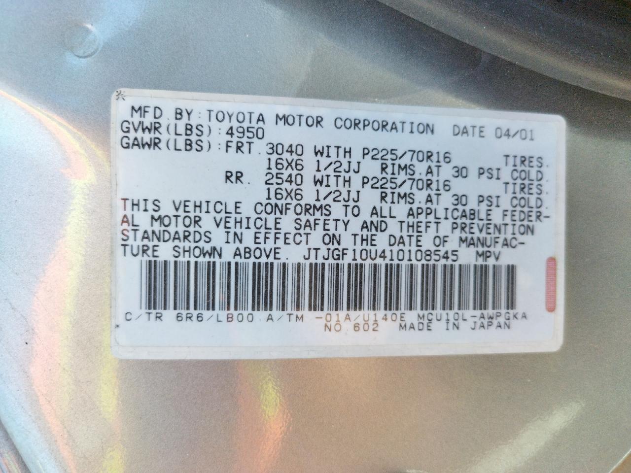 Photo 10 from auction – 2001 LEXUS RX 300 with VIN JTJGF10U410108545