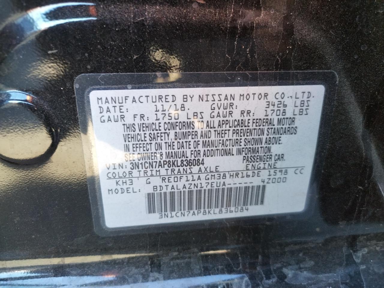 Photo 10 from auction – 2019 NISSAN VERSA S with VIN 3N1CN7AP8KL836084