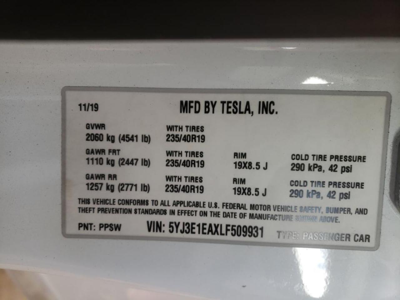 Photo 10 from auction – 2020 TESLA MODEL 3 with VIN 5YJ3E1EAXLF509931