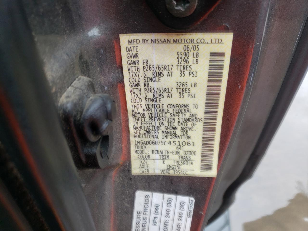 Photo 10 from auction – 2005 NISSAN FRONTIER K with VIN 1N6AD06U75C451061