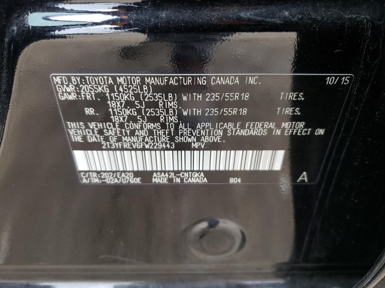 Photo 10 from auction – 2015 TOYOTA RAV4 LIMIT with VIN 2T3YFREV6FW229443