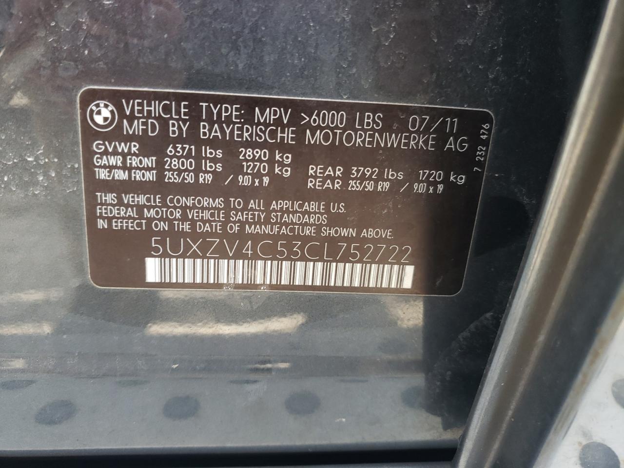 Photo 10 from auction – 2012 BMW X5 XDRIVE3 with VIN 5UXZV4C53CL752722