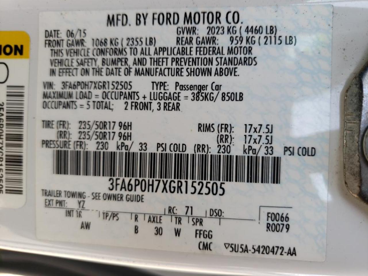 Photo 10 from auction – 2016 FORD FUSION SE with VIN 3FA6P0H7XGR152505
