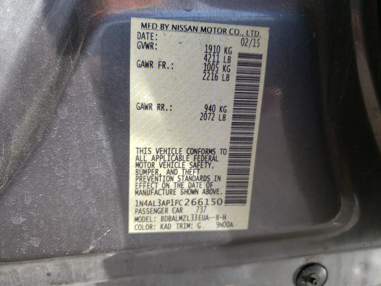 Photo 10 from auction – 2015 NISSAN ALTIMA 2.5 with VIN 1N4AL3AP1FC266150