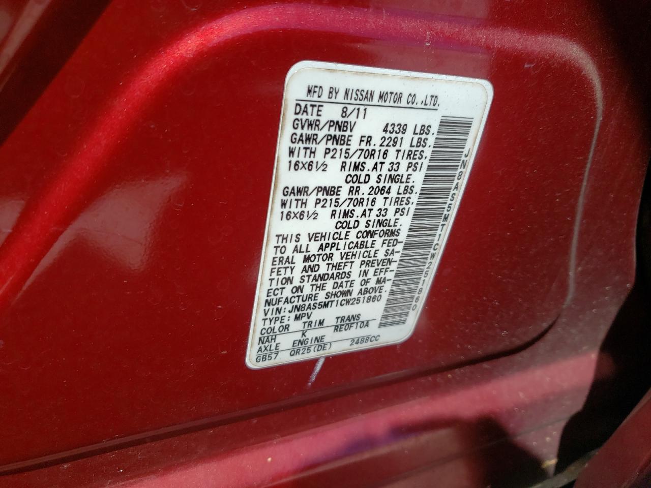 Photo 10 from auction – 2012 NISSAN ROGUE S with VIN JN8AS5MT1CW251860