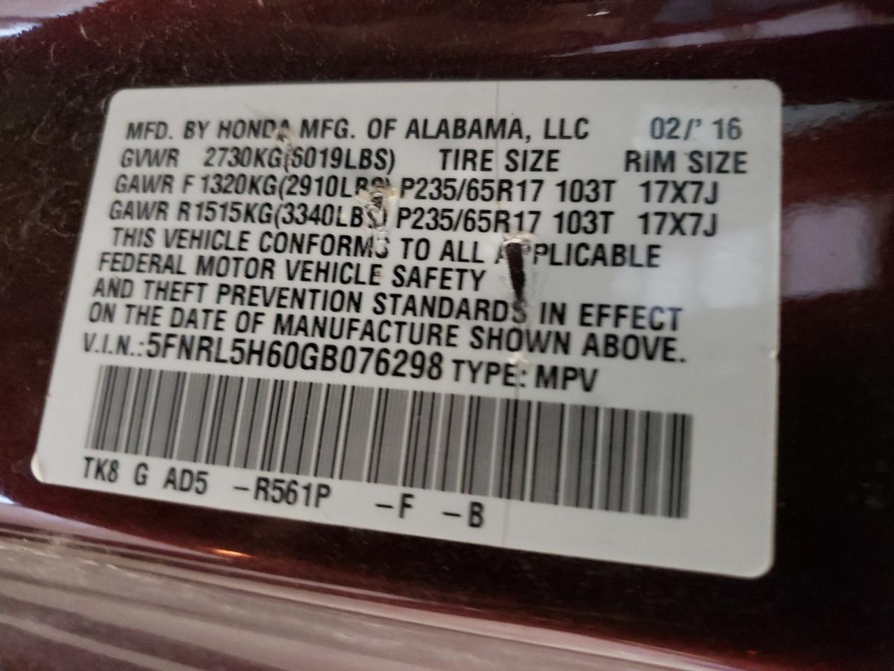 Photo 10 from auction – 2016 HONDA ODYSSEY EX with VIN 5FNRL5H60GB076298
