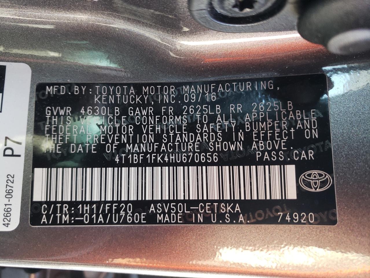 Photo 10 from auction – 2017 TOYOTA CAMRY LE with VIN 4T1BF1FK4HU670656