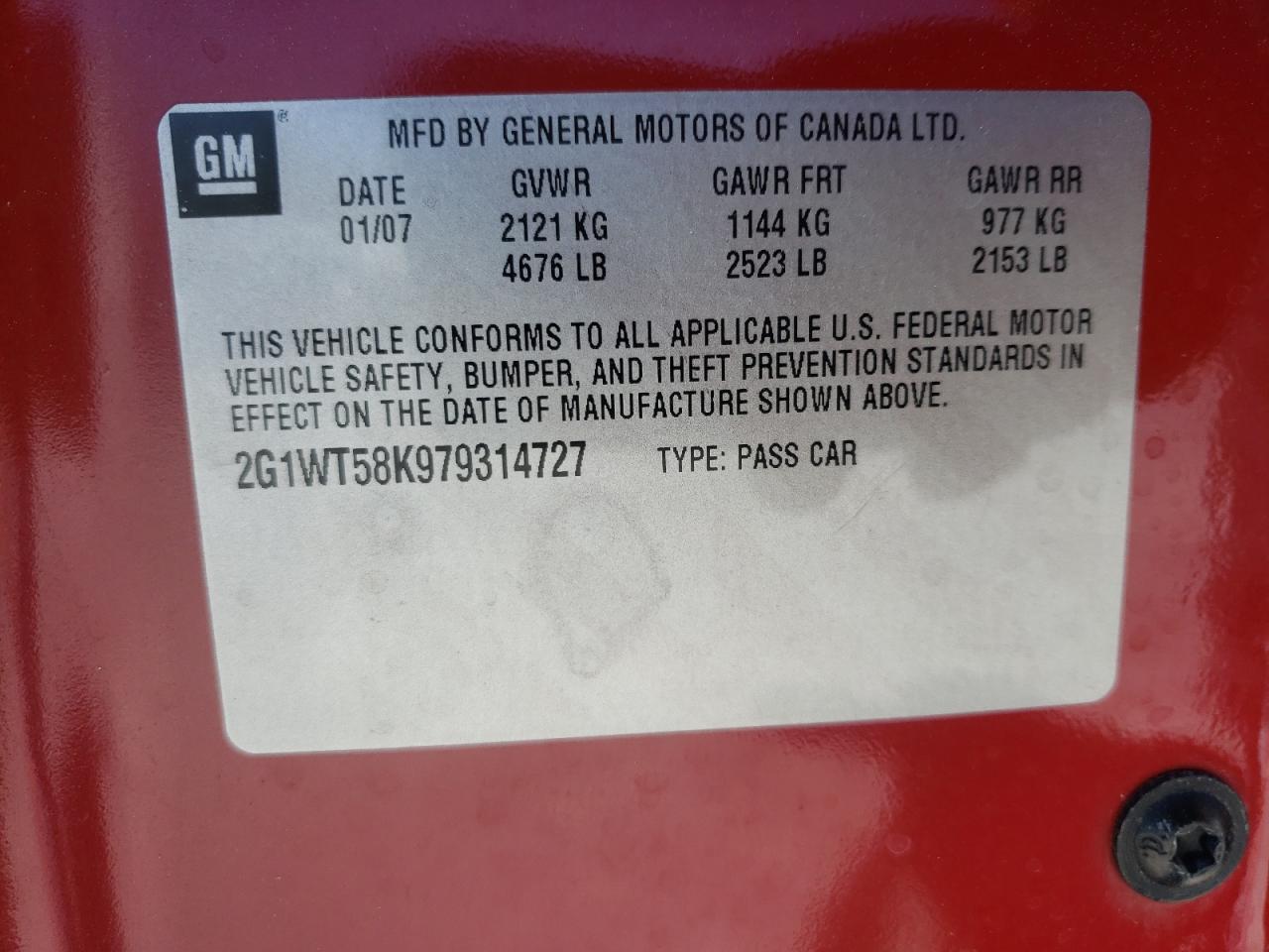Photo 10 from auction – 2007 CHEVROLET IMPALA LT with VIN 2G1WT58K979314727