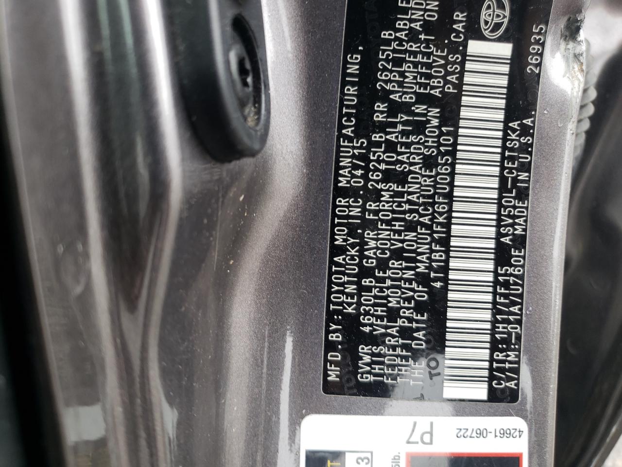 Photo 10 from auction – 2015 TOYOTA CAMRY LE with VIN 4T1BF1FK6FU065101