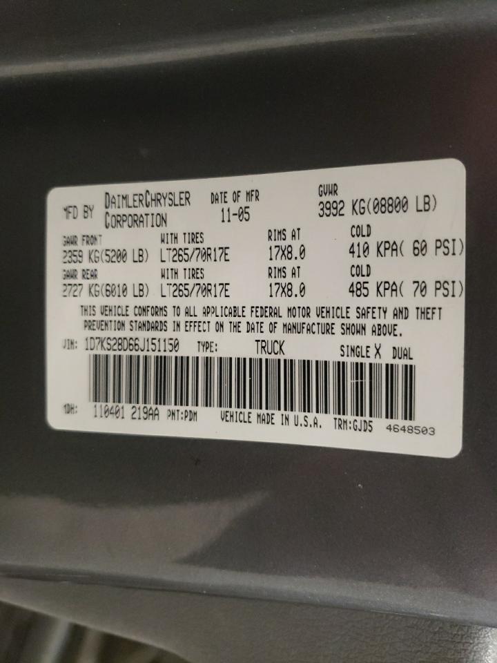 Photo 10 from auction – 2006 DODGE RAM 2500 S with VIN 1D7KS28D66J151150