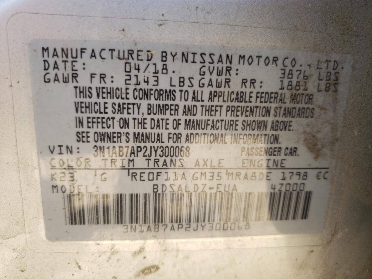Photo 10 from auction – 2018 NISSAN SENTRA S with VIN 3N1AB7AP2JY300068