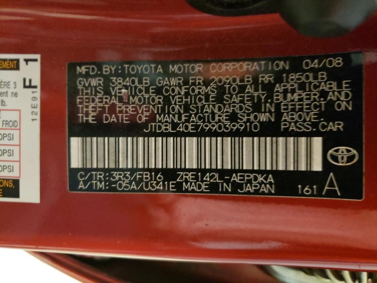 Photo 10 from auction – 2009 TOYOTA COROLLA BA with VIN JTDBL40E799039910