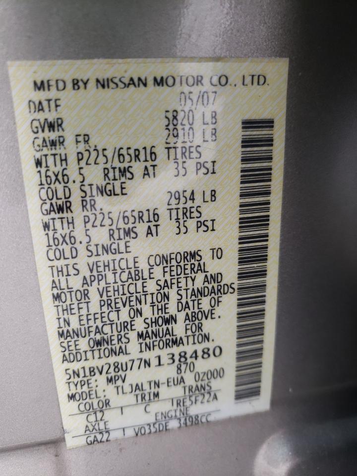 Photo 10 from auction – 2007 NISSAN QUEST S with VIN 5N1BV28U77N138480