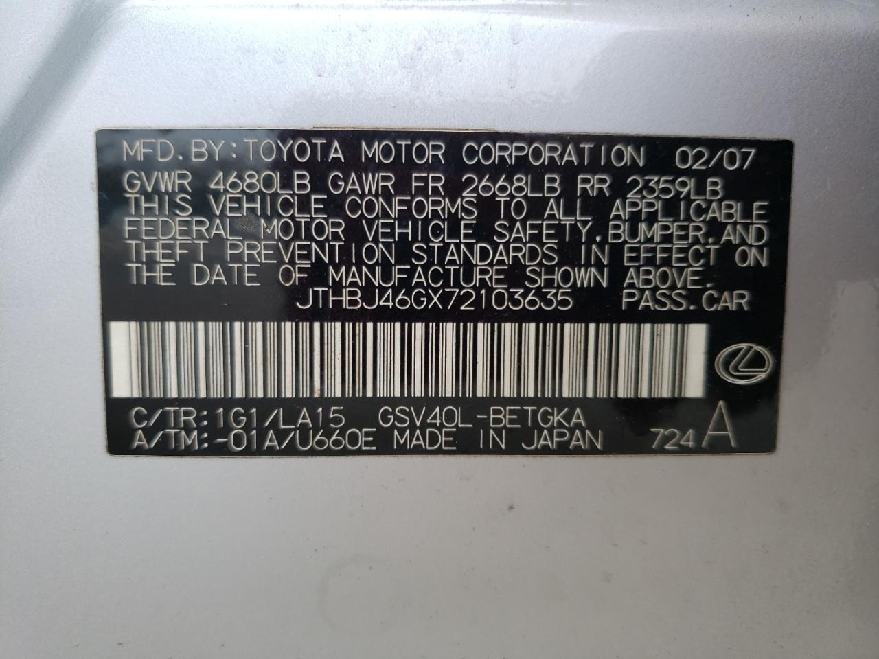 Photo 10 from auction – 2007 LEXUS ES 350 with VIN JTHBJ46GX72103635