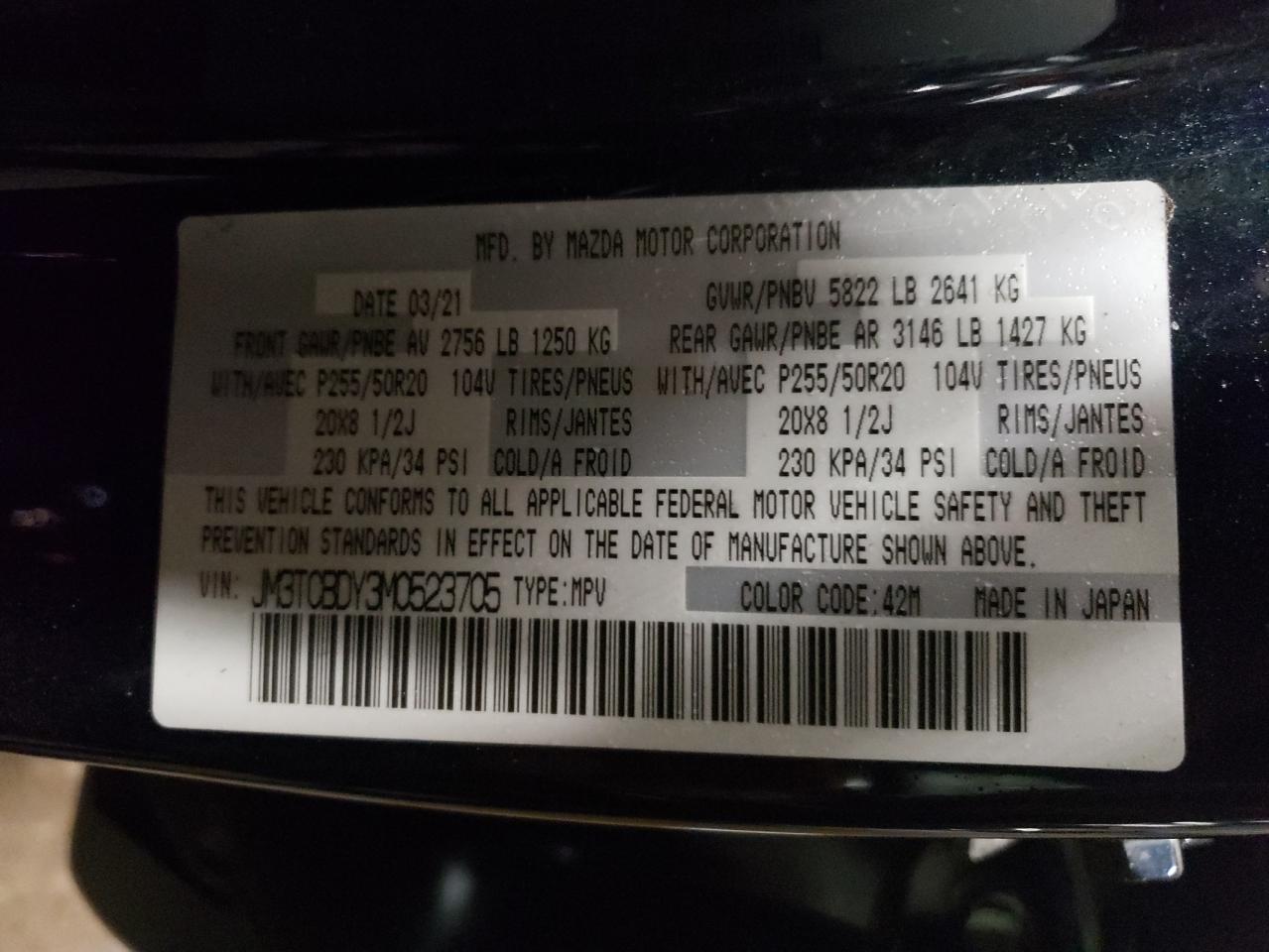 Photo 10 from auction – 2021 MAZDA CX-9 GRAND with VIN JM3TCBDY3M0523705