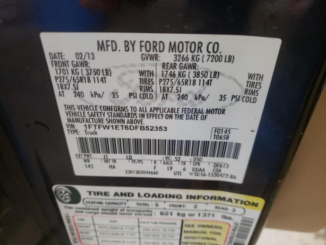 Photo 10 from auction – 2013 FORD F150 SUPER with VIN 1FTFW1ET6DFB52353