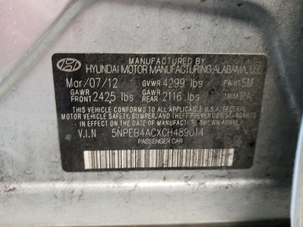Photo 10 from auction – 2012 HYUNDAI SONATA GLS with VIN 5NPEB4ACXCH489014