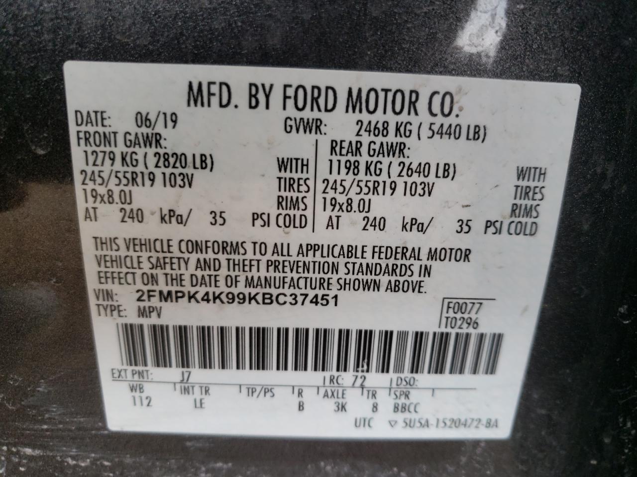 Photo 10 from auction – 2019 FORD EDGE TITAN with VIN 2FMPK4K99KBC37451