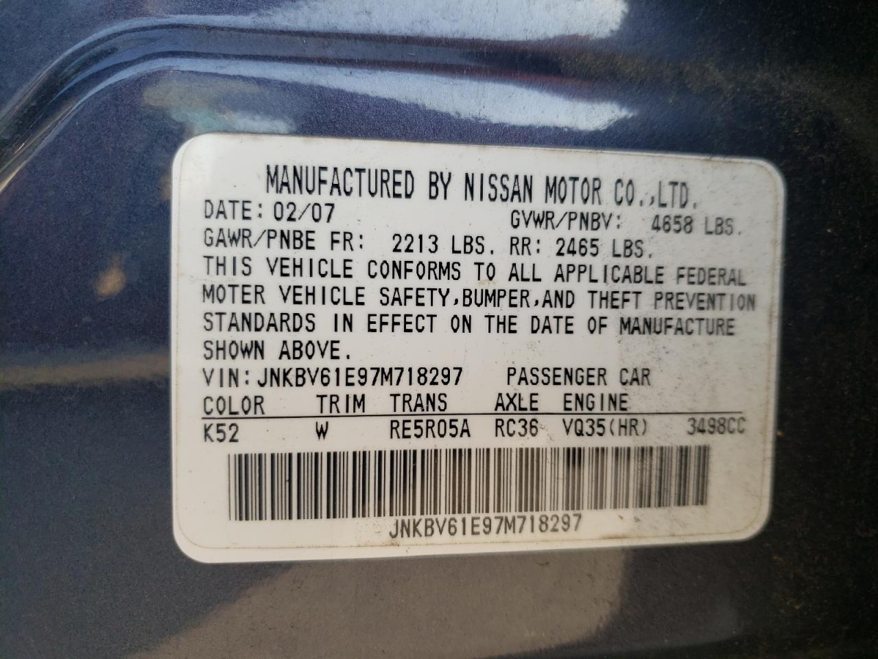 Photo 10 from auction – 2007 INFINITI G35 with VIN JNKBV61E97M718297