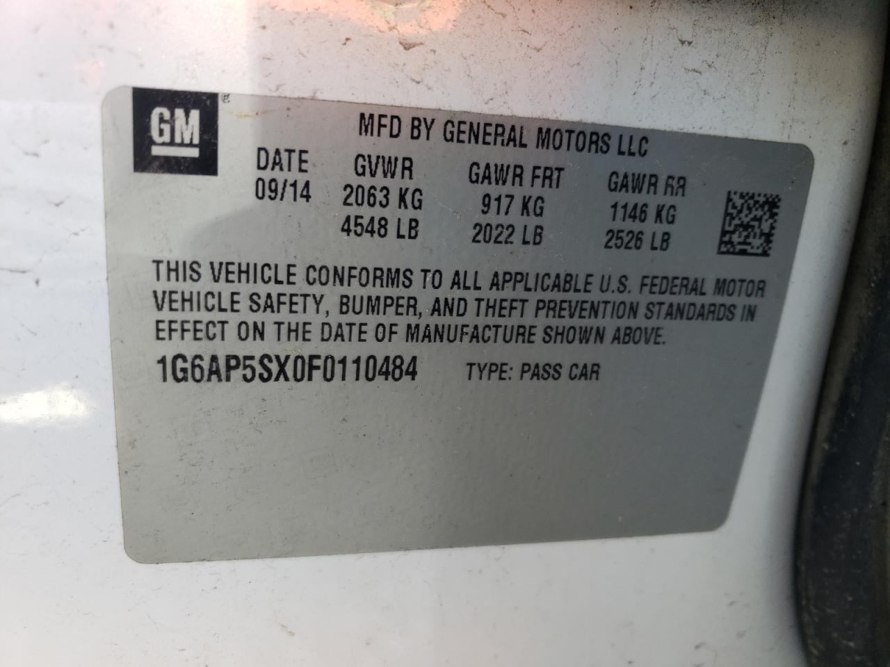 Photo 10 from auction – 2015 CADILLAC CTS with VIN 1G6AP5SX0F0110484