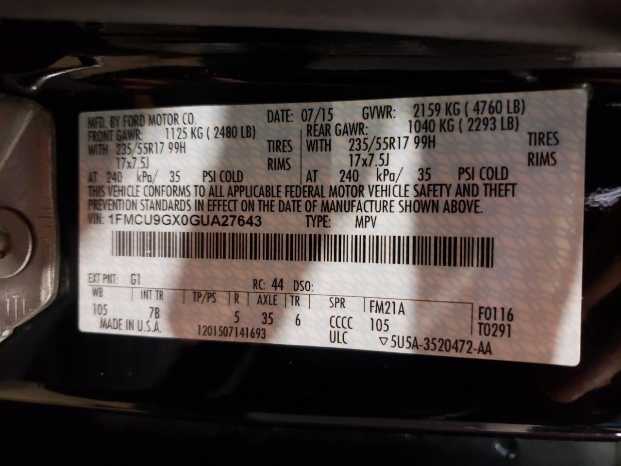 Photo 10 from auction – 2016 FORD ESCAPE SE with VIN 1FMCU9GX0GUA27643