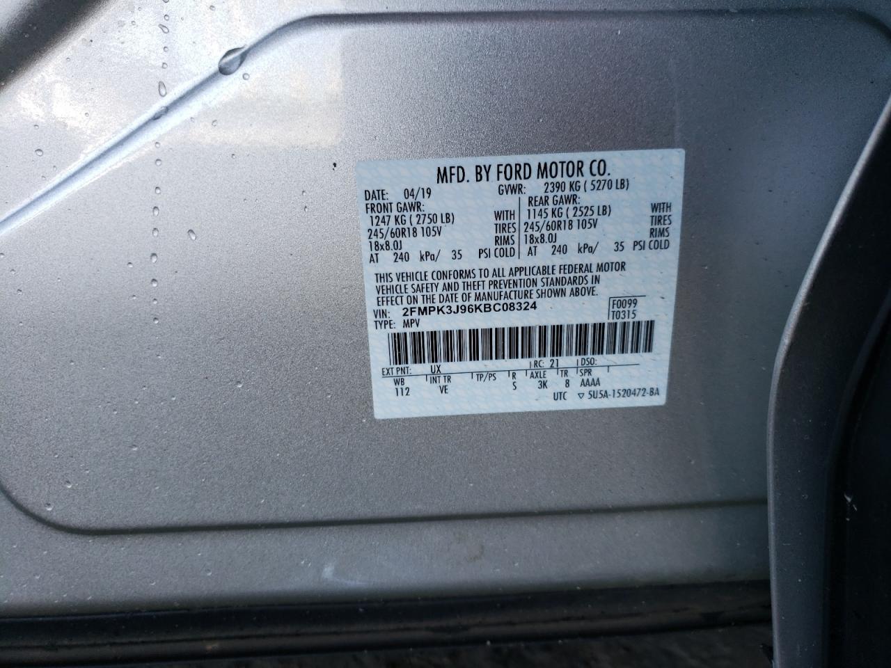 Photo 10 from auction – 2019 FORD EDGE SEL with VIN 2FMPK3J96KBC08324