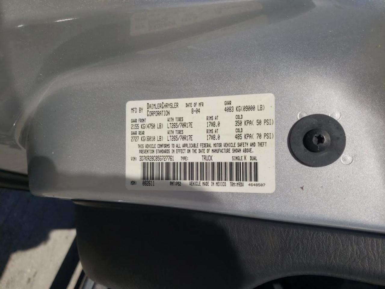 Photo 10 from auction – 2005 DODGE RAM 2500 S with VIN 3D7KR28C85G727761