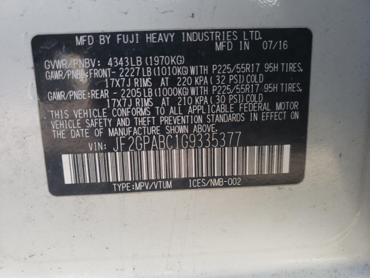 Photo 10 from auction – 2016 SUBARU CROSSTREK with VIN JF2GPABC1G9335377