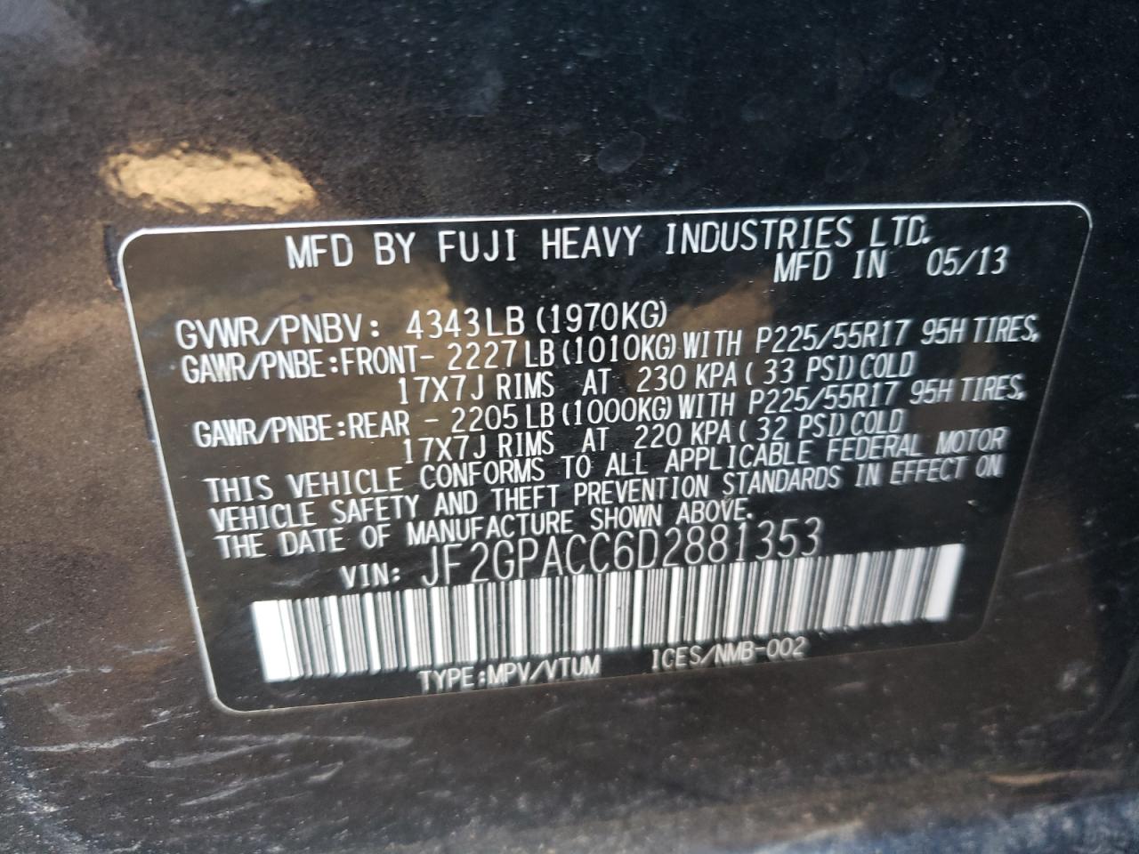 Photo 10 from auction – 2013 SUBARU XV CROSSTR with VIN JF2GPACC6D2881353