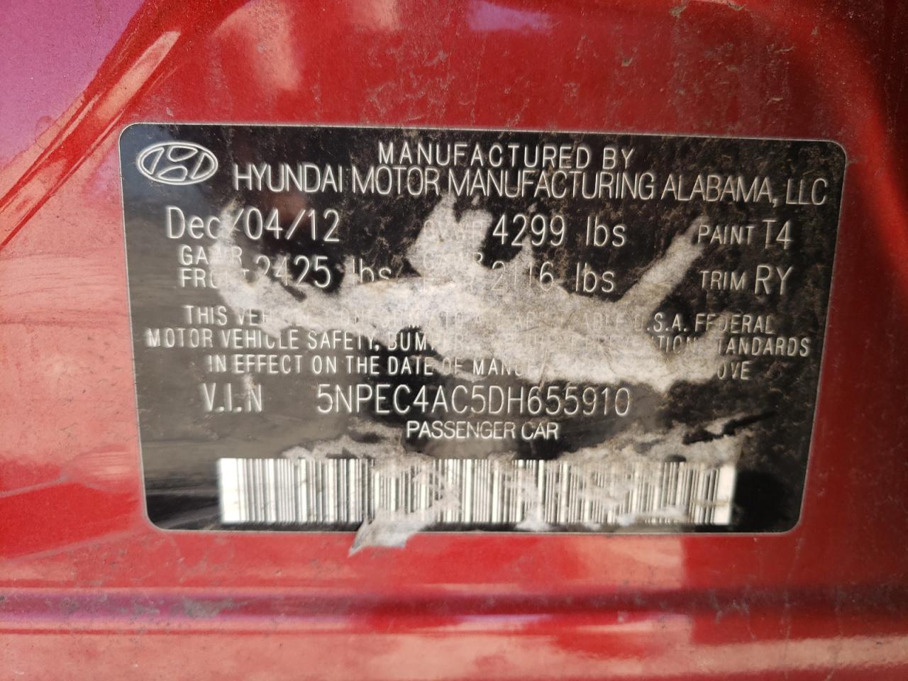 Photo 10 from auction – 2013 HYUNDAI SONATA SE with VIN 5NPEC4AC5DH655910