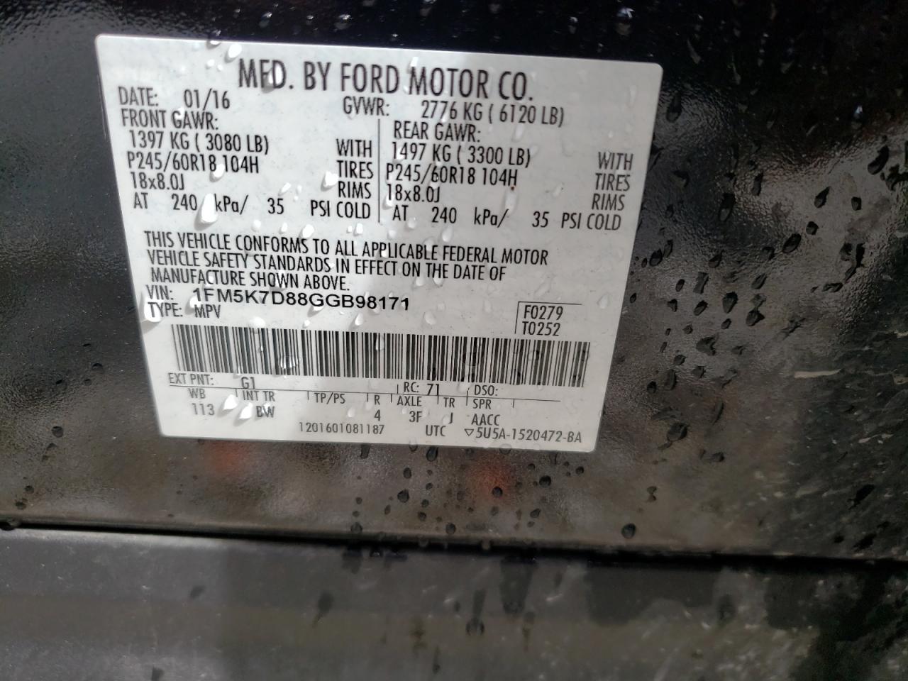 Photo 10 from auction – 2016 FORD EXPLORER X with VIN 1FM5K7D88GGB98171
