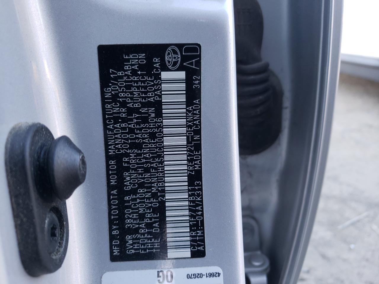 Photo 10 from auction – 2018 TOYOTA COROLLA L with VIN 2T1BURHE5JC000536