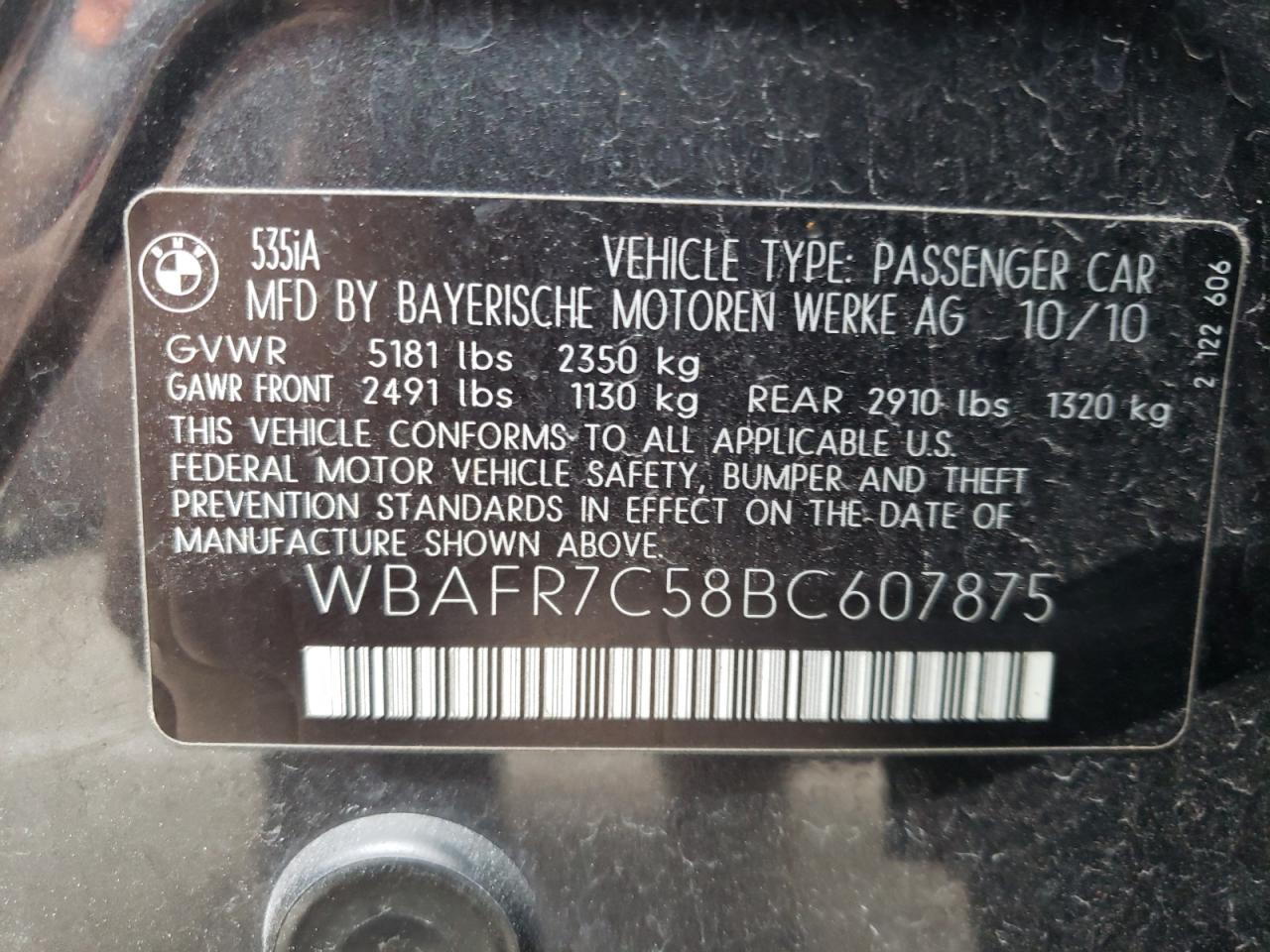 Photo 10 from auction – 2011 BMW 535 I with VIN WBAFR7C58BC607875