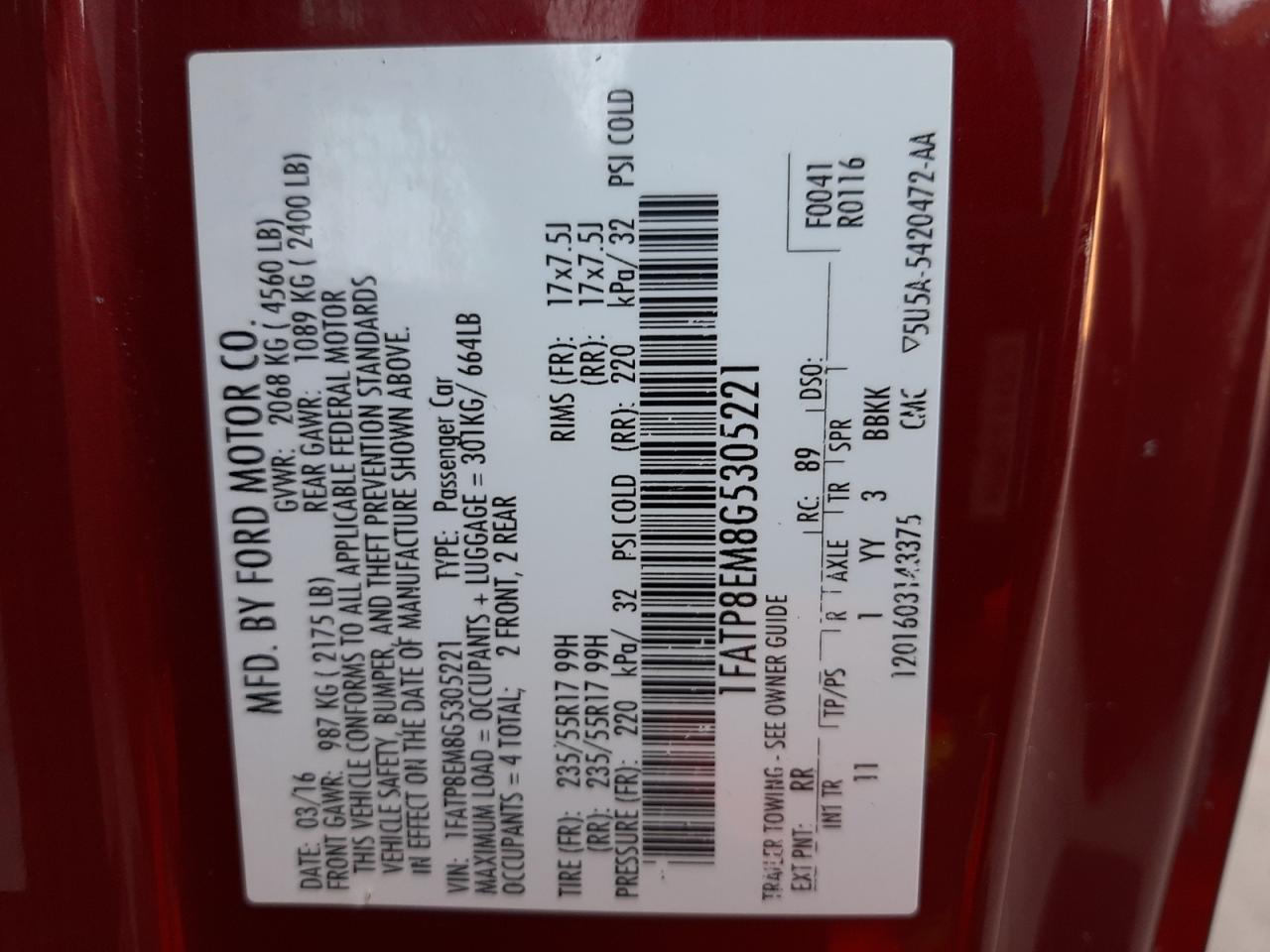 Photo 10 from auction – 2016 FORD MUSTANG with VIN 1FATP8EM8G5305221