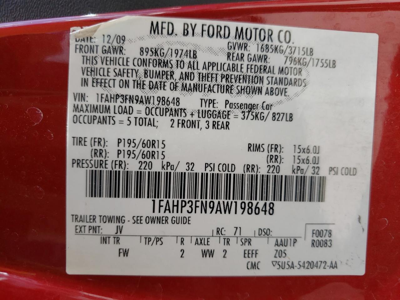Photo 10 from auction – 2010 FORD FOCUS SE with VIN 1FAHP3FN9AW198648