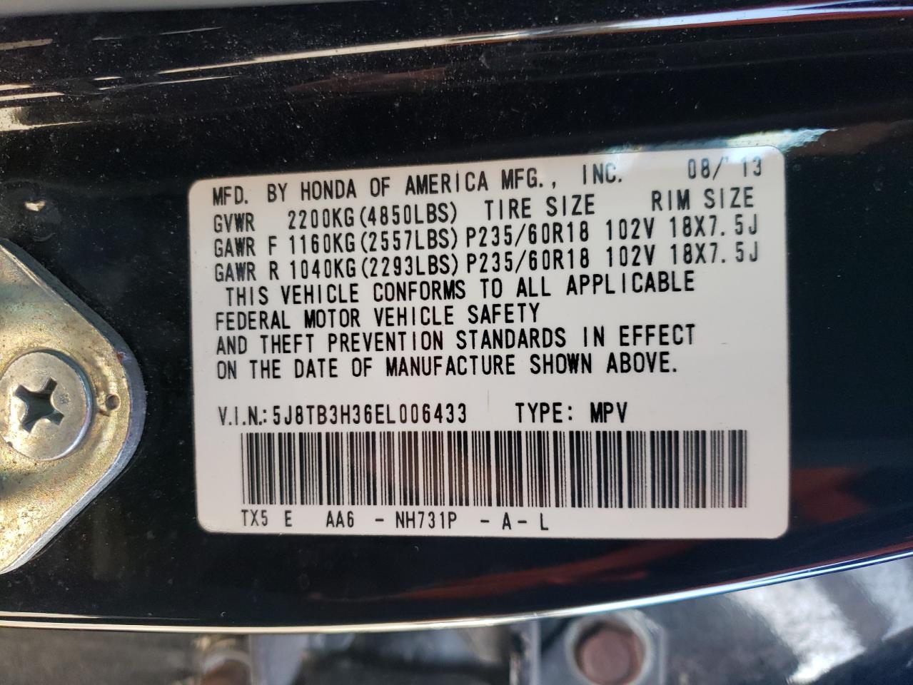 Photo 10 from auction – 2014 ACURA RDX with VIN 5J8TB3H36EL006433