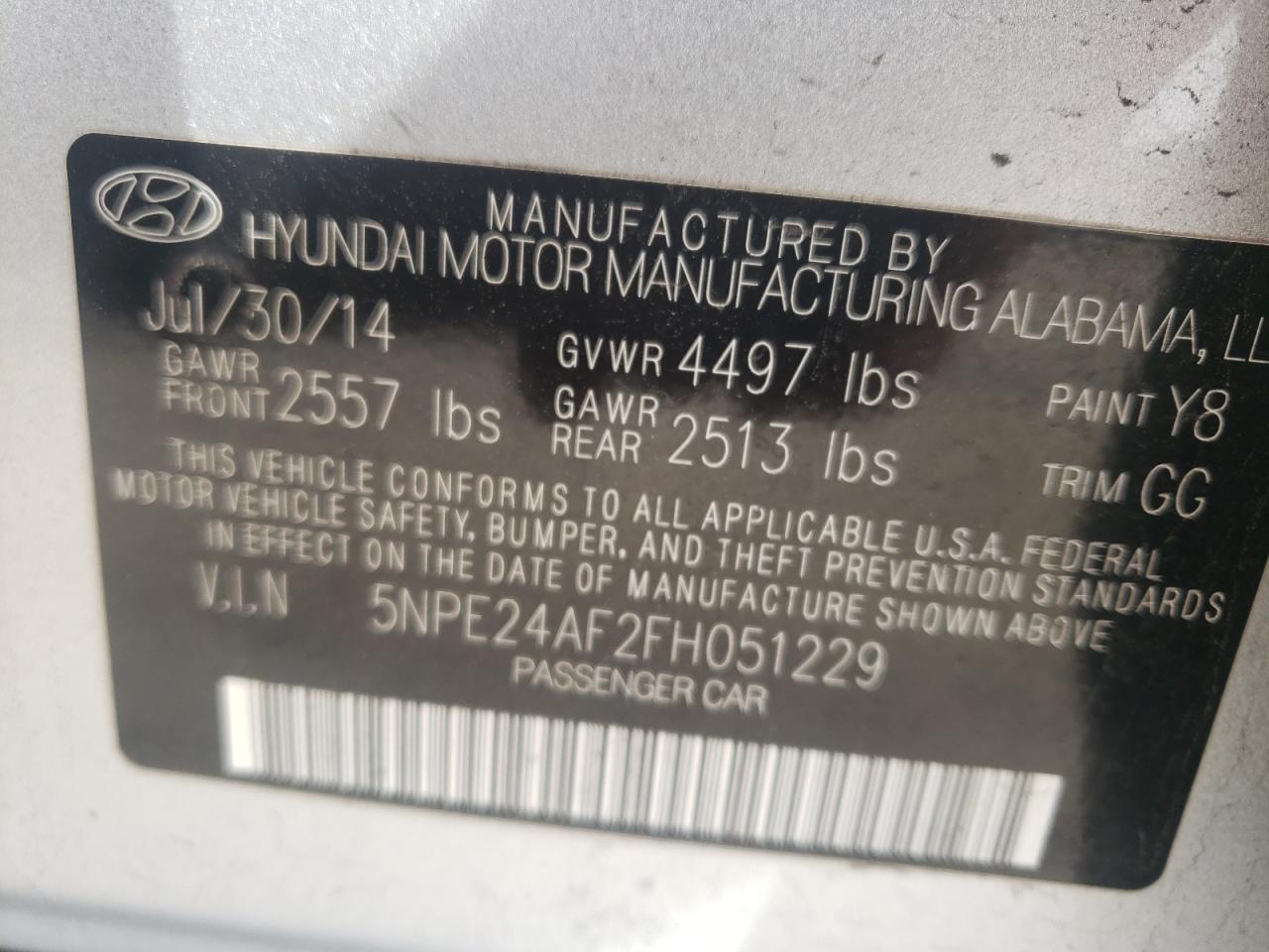 Photo 10 from auction – 2015 HYUNDAI SONATA SE with VIN 5NPE24AF2FH051229