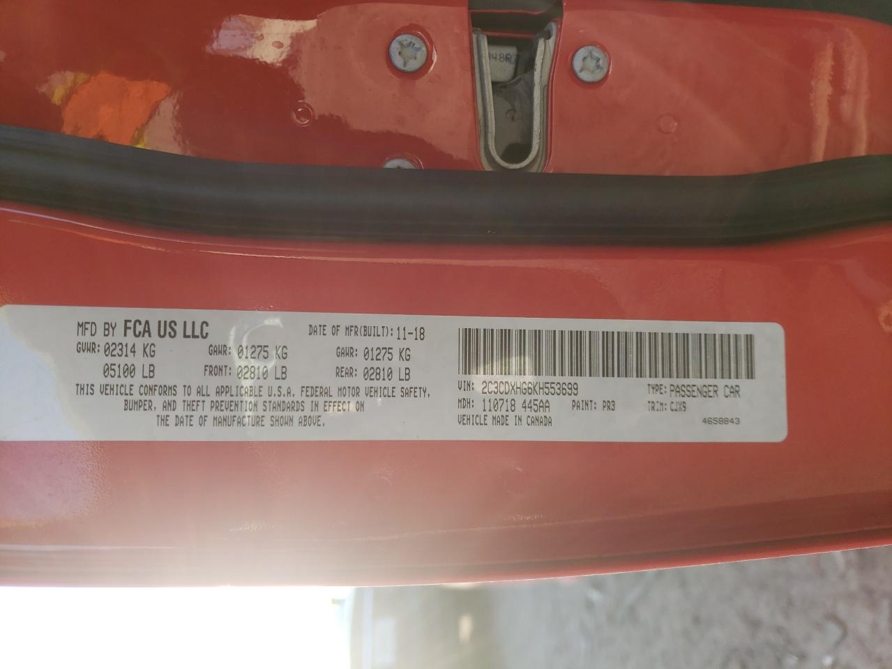 Photo 20 from auction – 2019 DODGE CHARGER GT with VIN 2C3CDXHG6KH553699