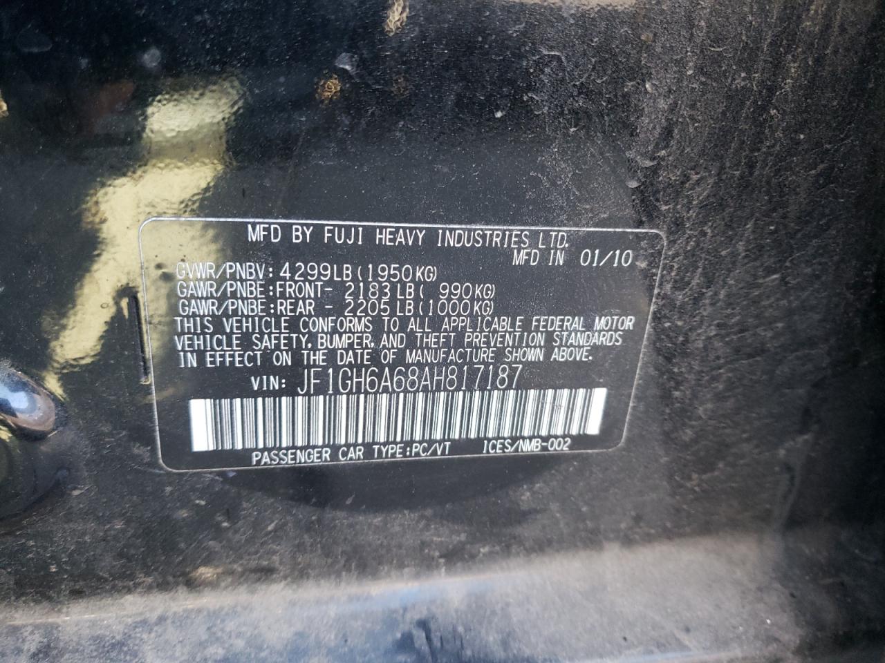 Photo 10 from auction – 2010 SUBARU IMPREZA 2. with VIN JF1GH6A68AH817187