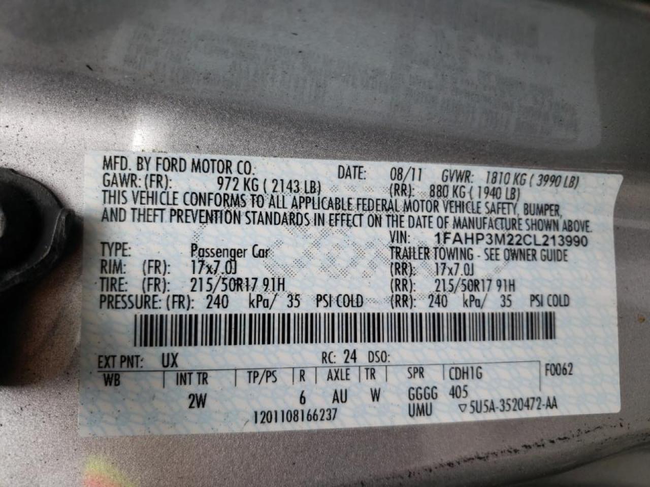 Photo 10 from auction – 2012 FORD FOCUS SEL with VIN 1FAHP3M22CL213990