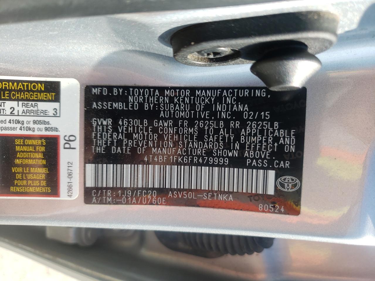 Photo 10 from auction – 2015 TOYOTA CAMRY with VIN 4T4BF1FK6FR479999