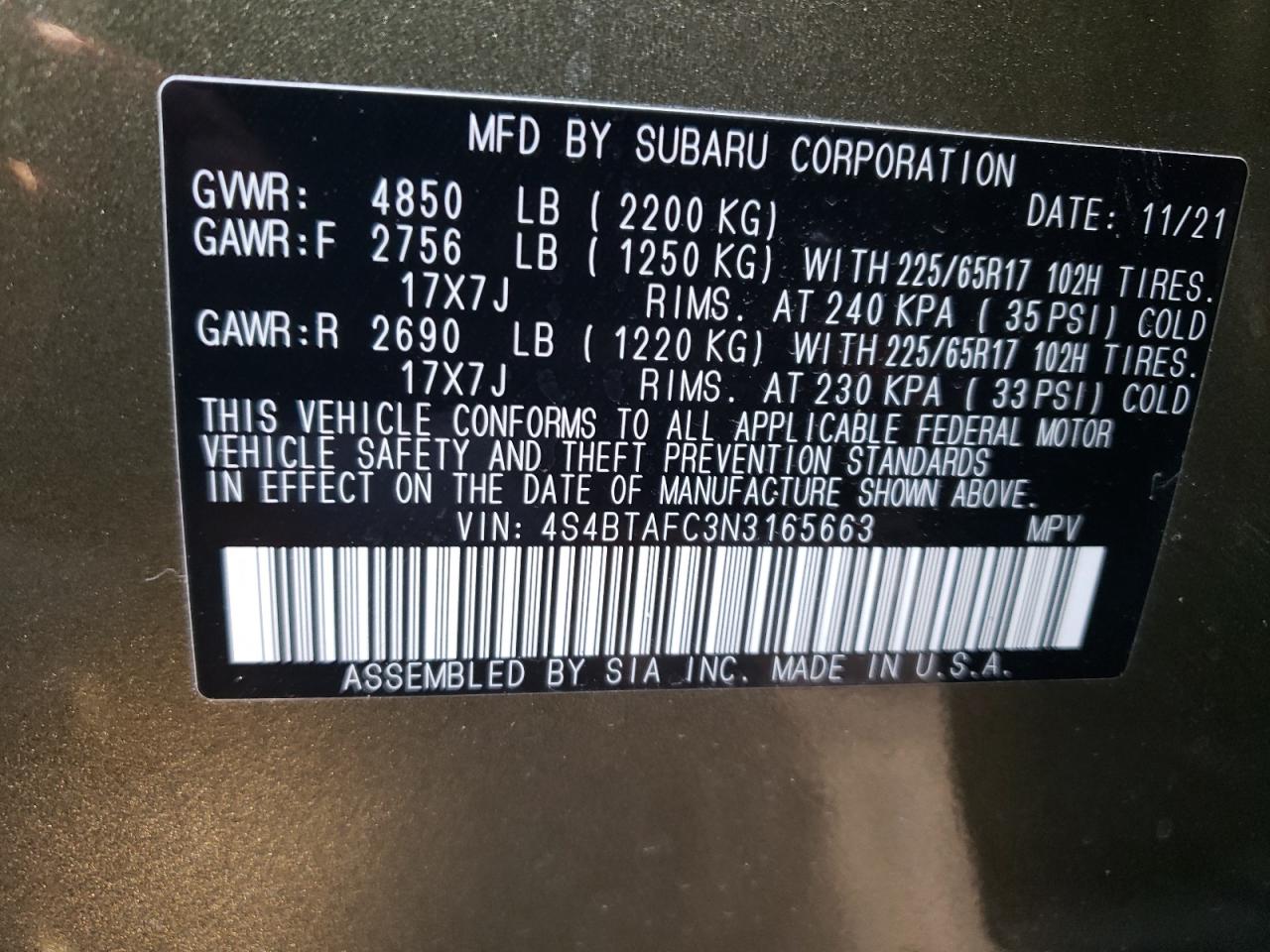 Photo 10 from auction – 2022 SUBARU OUTBACK PR with VIN 4S4BTAFC3N3165663