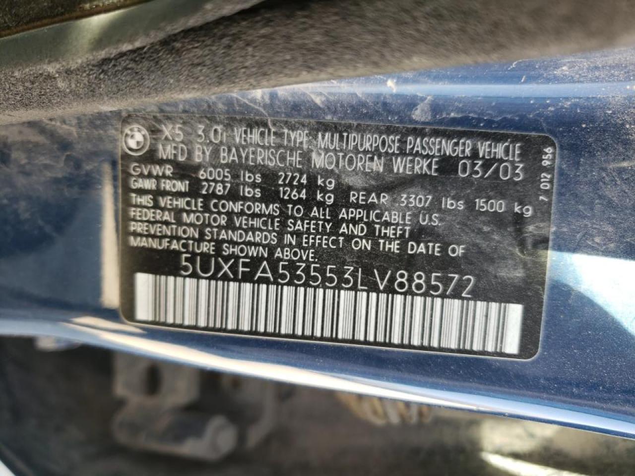 Photo 10 from auction – 2003 BMW X5 3.0I with VIN 5UXFA53553LV88572
